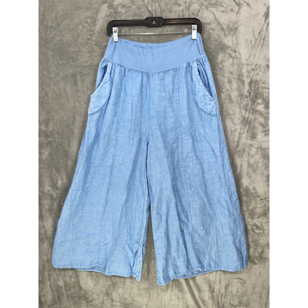 Made In Italy 100% Linen Wide Leg Pants Women's Size M? Blue Pull-On Comfort